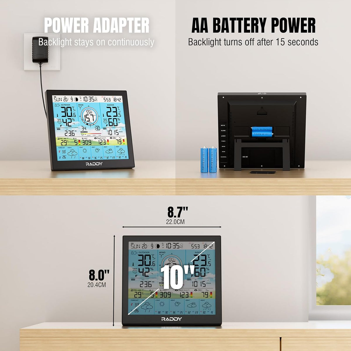 Raddy WF-120P Professioneel Wi-Fi weerstation, app-bediening, 10″ HTN-display, temp. & vocht int./ext., UV & lichtindex, PM2.5 AQI, 5-daagse weersverwachting, 7-in-1 buitensensor boerderij