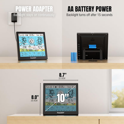 Raddy WF-120P Professioneel Wi-Fi weerstation, app-bediening, 10″ HTN-display, temp. & vocht int./ext., UV & lichtindex, PM2.5 AQI, 5-daagse weersverwachting, 7-in-1 buitensensor boerderij