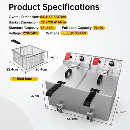 Valgus Dual Tanks Elektrische friteuse, 3300 W, 26 l, grote capaciteit, roestvrij staal, werkblad, keuken, frituurmachine met mand en deksel, afvoersysteem voor restaurants, commercieel gebruik