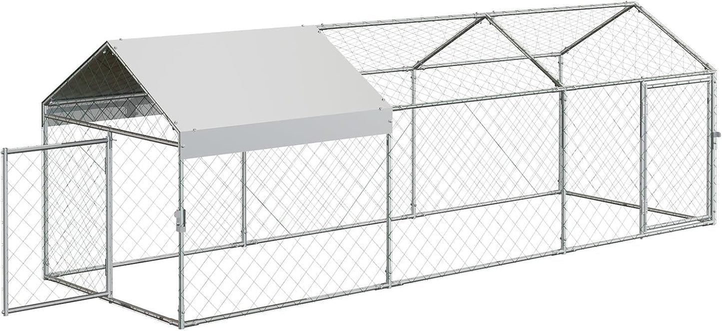Zstar Large Chicken Coop, 304 x 100 x 100 cm, Galvanised Steel Roof Poultry House, with Sun Roof and Door, Small Animal House, Free Running for Chickens, Rabbits and Ducks in the Backyard, Silver - QUORE