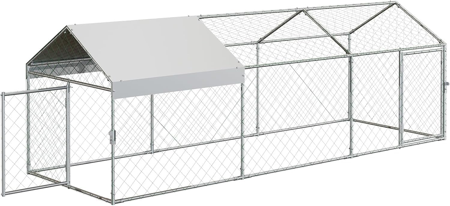 Zstar Large Chicken Coop, 304 x 100 x 100 cm, Galvanised Steel Roof Poultry House, with Sun Roof and Door, Small Animal House, Free Running for Chickens, Rabbits and Ducks in the Backyard, Silver - QUORE