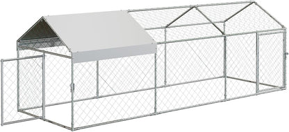 Zstar Large Chicken Coop, 304 x 100 x 100 cm, Galvanised Steel Roof Poultry House, with Sun Roof and Door, Small Animal House, Free Running for Chickens, Rabbits and Ducks in the Backyard, Silver - QUORE