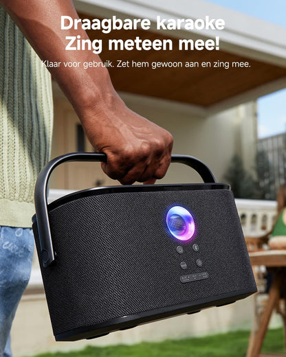 Draagbare Karaoke Machine voor Volwassenen, met Weergavescherm voor Songteksten, 2 Zelfopladende Draadloze Microfoons, Autotune & EQ, 140W Speaker, Verbinding met TV