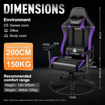 Ergonomische Gamingstoel – Gamerstoel – Bureaustoel – Gaming Stoel – Gamechair – In Hoogte Verstelbaar – 90-165° Kantelbare Rugleuning – Draaibaar 360° – Lila Variant – Met Hoofdsteun en Lendenkussen – Stevig Tot 150 kg