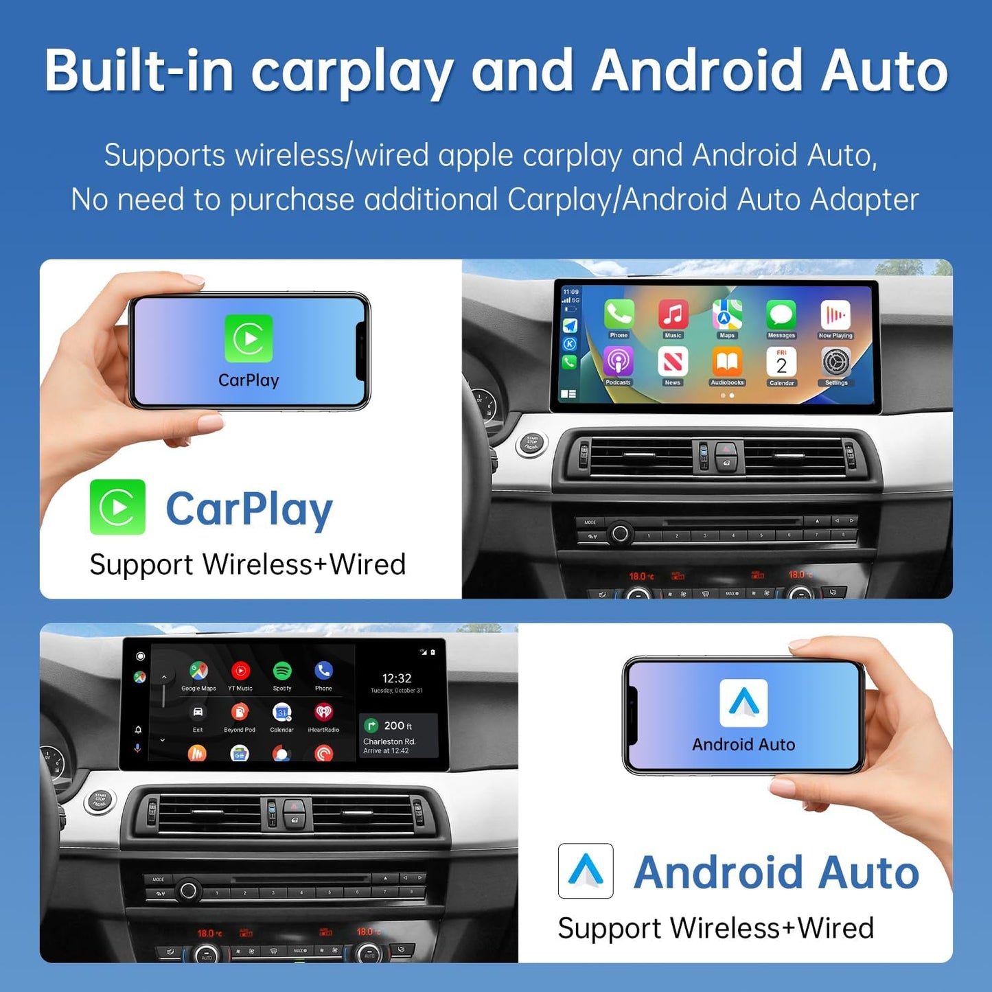 CarPlay Autoradio – Inbouwscherm – Multimedia Systeem – Touchscreen Radio – Draadloze Verbinding – 12,3 Inch IPS Display – Compatibel met CarPlay, Android Auto & MirrorLink