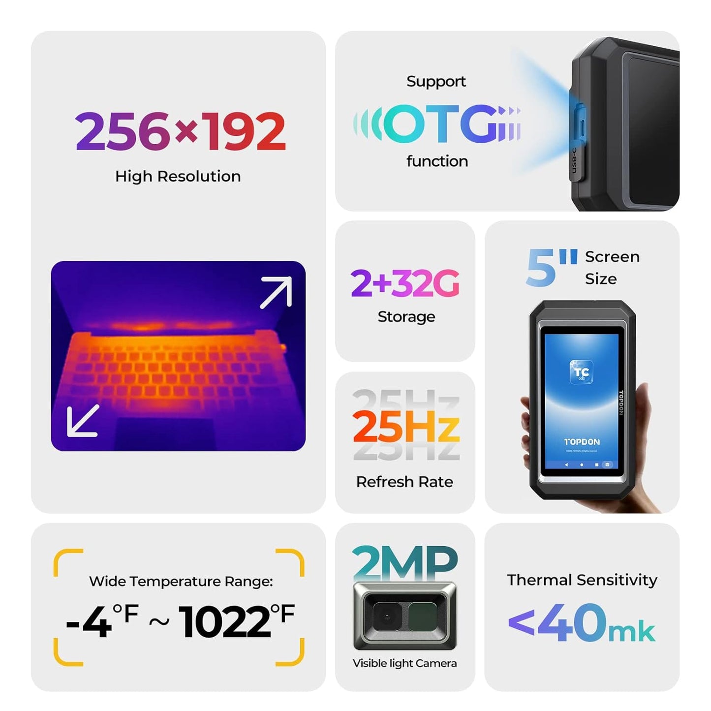 TOPDON Warmtebeeldcamera Android TC003 met 5 MP zichtcamera, 512 x 384 TISR resolutie, 25 Hz, -20 °C ~ 550 °C, warmtebeeldcamera's thermische camera met 5 inch touchscreen, 32 GB geheugen, USB C