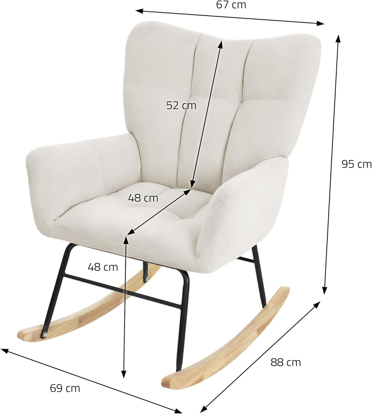 ML-Design Rocking Chair with Terry Cloth Upholstery, Upholstered Armchair with Wooden Sleds and Armrests for Living Room/Bedroom/Balcony, Beige Recliner with Wings
