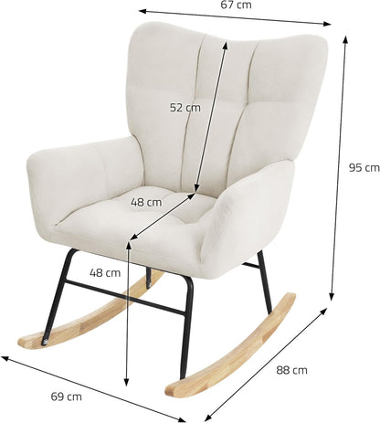 ML-Design Rocking Chair with Terry Cloth Upholstery, Upholstered Armchair with Wooden Sleds and Armrests for Living Room/Bedroom/Balcony, Beige Recliner with Wings