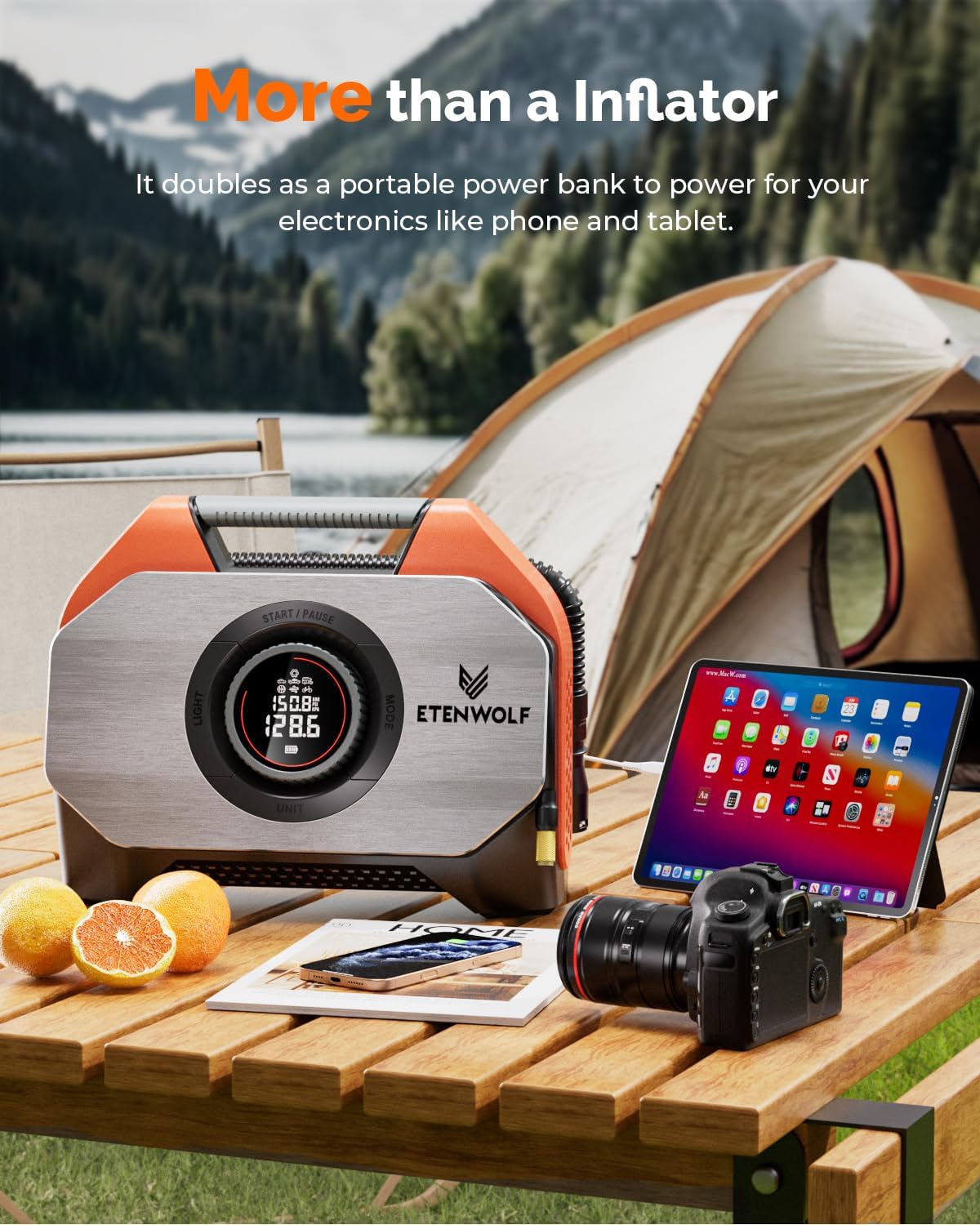 Luchtcompressor – Bandenpomp – Luchtpomp – Fietspomp – Draagbare Compressor – Draadloos Met 19200mAh Accu – 100% Duty Cycle Met Dubbel Cilindersysteem - QUORE