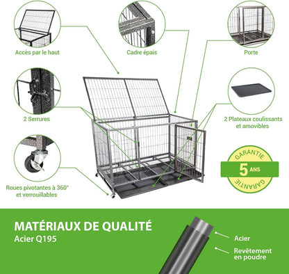 MouvedyXL Hondenkooi, Kooi voor binnen en buiten, 123 x 79 x 84 cm, transportbox, afsluitbare wielen, opvouwbaar, 2 deuren, afneembaar dienblad