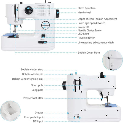 Qoosea Naaimachine voor beginners met aanschuiftafel, 39 steken, kleine naaimachine voor kinderen, draagbare mini-naaimachine met ledlicht, draagbare elektrische naaimachine, huishouden, voor