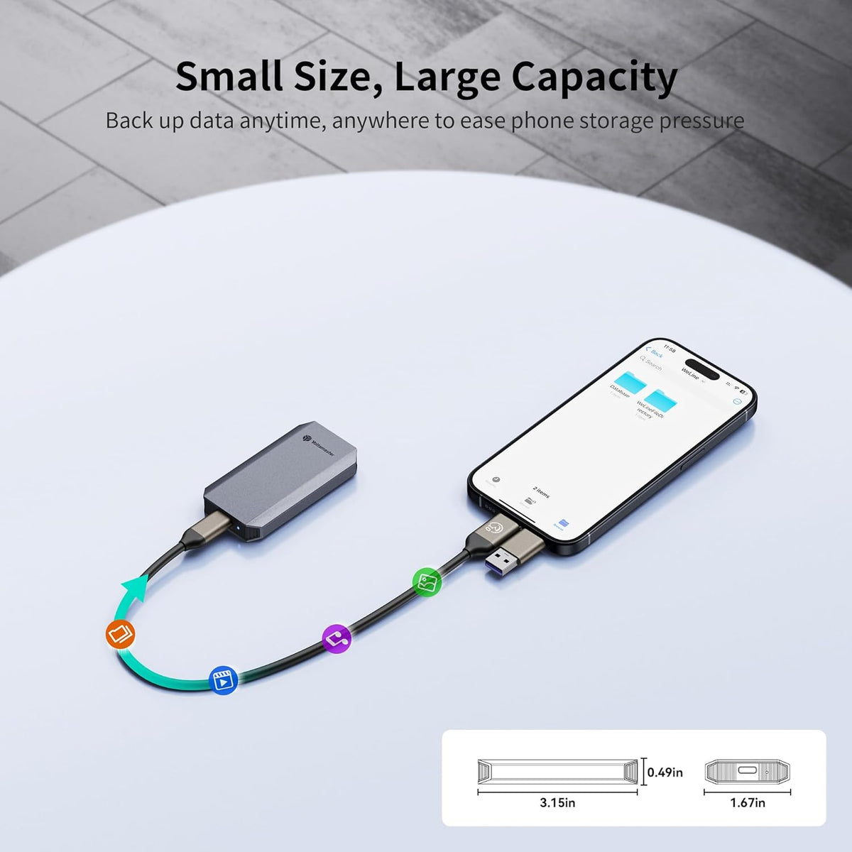 Yottamaster 2TB External SSD, up to 460MB/s, 2-in-1 USB-C/A Cable with Carry Strap, Portable SSD, Compatible with iPhone 16/Smartphone/Tablet/Laptop - QUORE