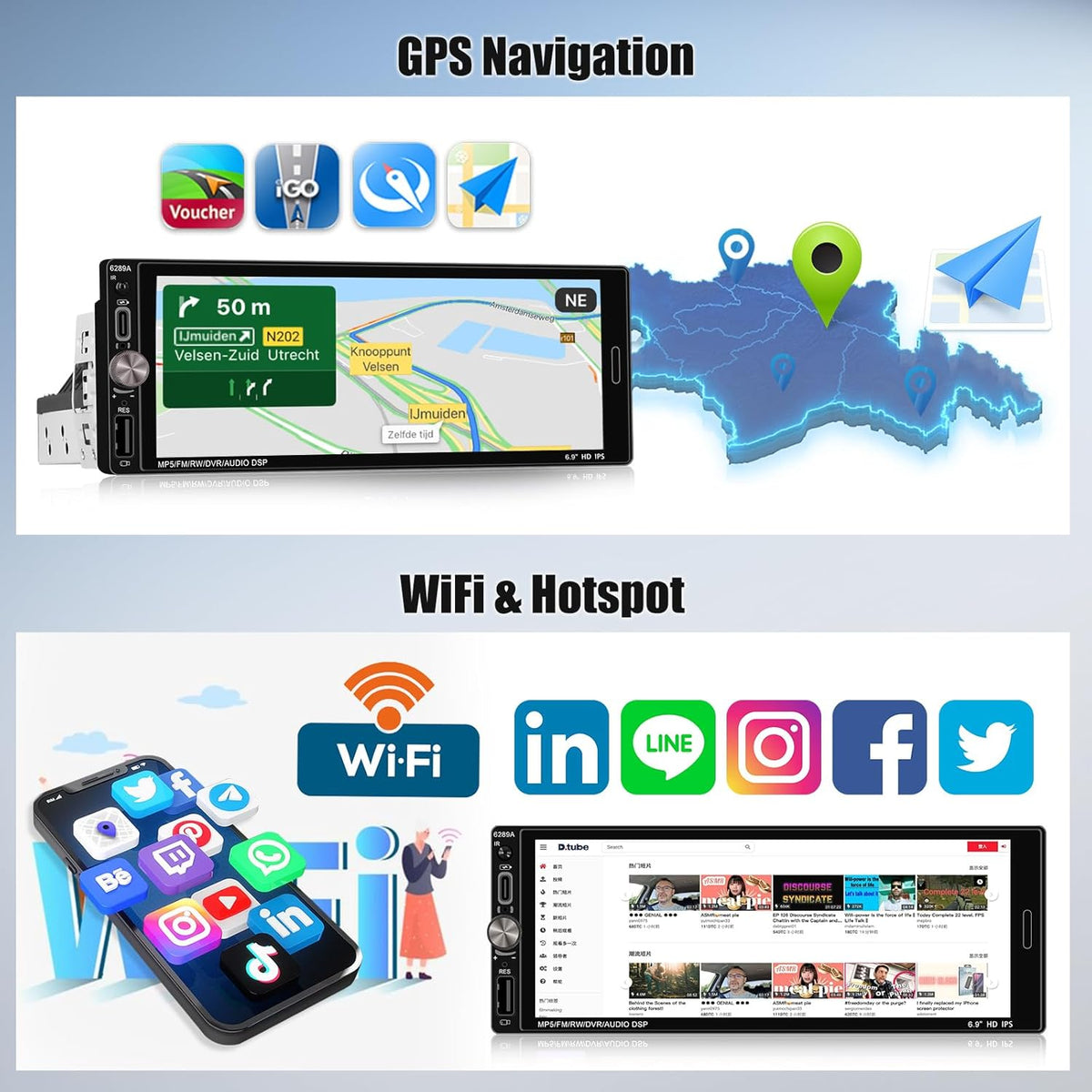 OiLiehu 2+32G Android 13 1-DIN Autoradio met Draadloze CarPlay & Android Auto, 6.9" IPS Radio met Scherm