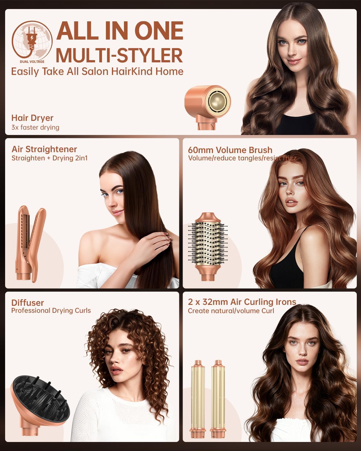 Airstyler 7-in-1 Mokka – Multistyler – Föhnborstel – Warmeluchtborstel – Automatische Krultang – 110.000 Omw/Min – 30 M/S