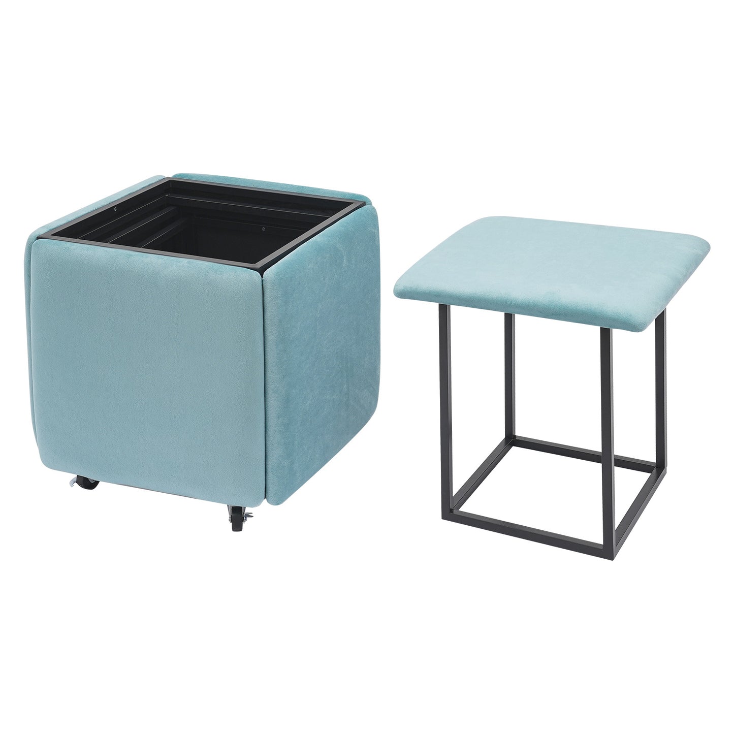 Poef – Zitpoef – Hocker – Voetenbank – Opbergpoef – Blauw – Multifunctioneel En Stapelbaar – Memory Foam Met Stalen Frame – 46x48 cm