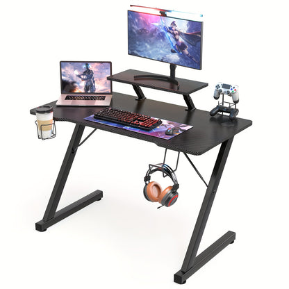 Gamingbureau – Game Bureau – Gaming Desk – Computertafel – Game Tafel – Carbon Fiber Blad – Metalen Frame – 150 kg Draagvermogen – Inclusief Bekerhouder & Headset Haak