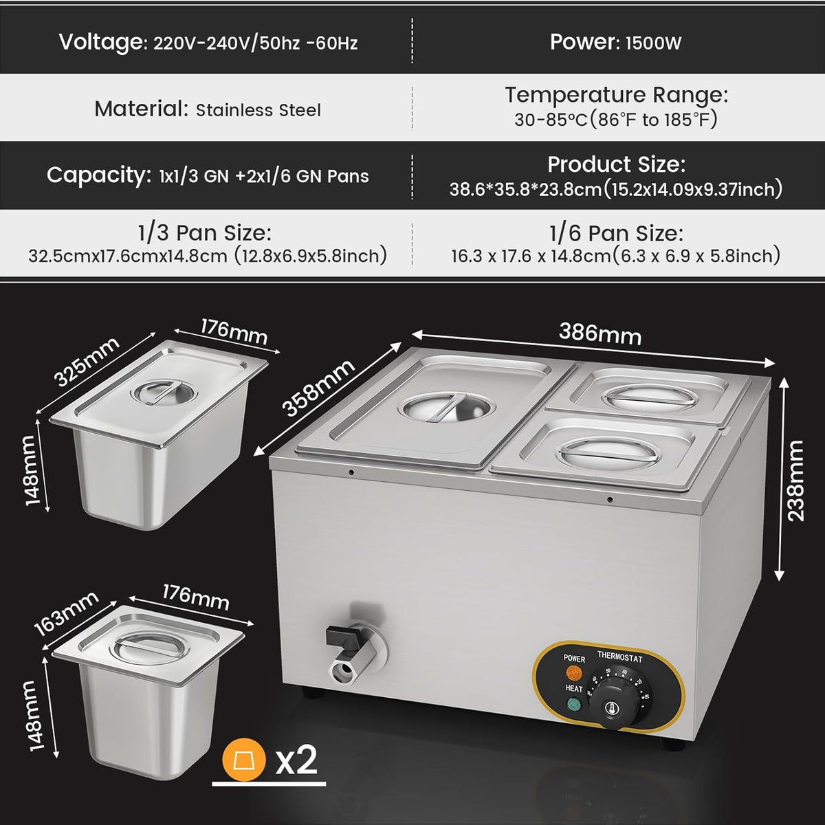 Elektrisch waterbad van roestvrij staal, voedselwarmer buffet, 1 x 1/3 GN container + 2 x 1/6, met deksel, instelbare temperatuur 30 °C - 85 °C