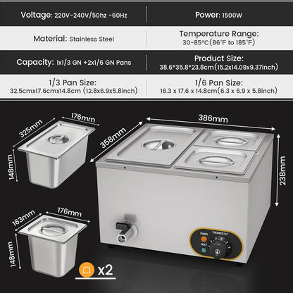 Elektrisch waterbad van roestvrij staal, voedselwarmer buffet, 1 x 1/3 GN container + 2 x 1/6, met deksel, instelbare temperatuur 30 °C - 85 °C