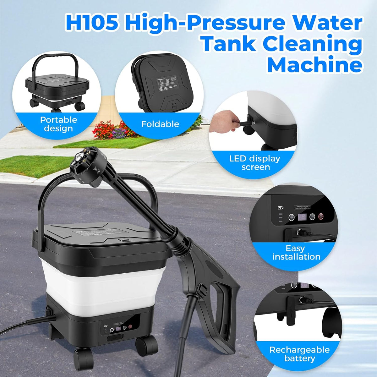 Hogedrukreiniger met waterreservoir, 13 liter, accu-drukreinigerpistool, mobiele outdoor reiniger, drukreiniger, opvouwbaar, oplaadbaar, 6-in-1 multifunctioneel mondstuk, accu-drukreiniger voor