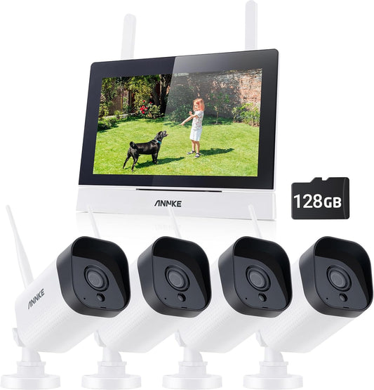 ANNKE Draadloos Beveiligingscamerasysteem, 7" LCD-monitor, 4CH WiFi-bewaking IPS-touchscreen met 4× 3MP IP Cameras, 30m nachtzicht, tweerichtingsaudio, bewegingsdetectie, 128GB SD-kaart inbegrepen