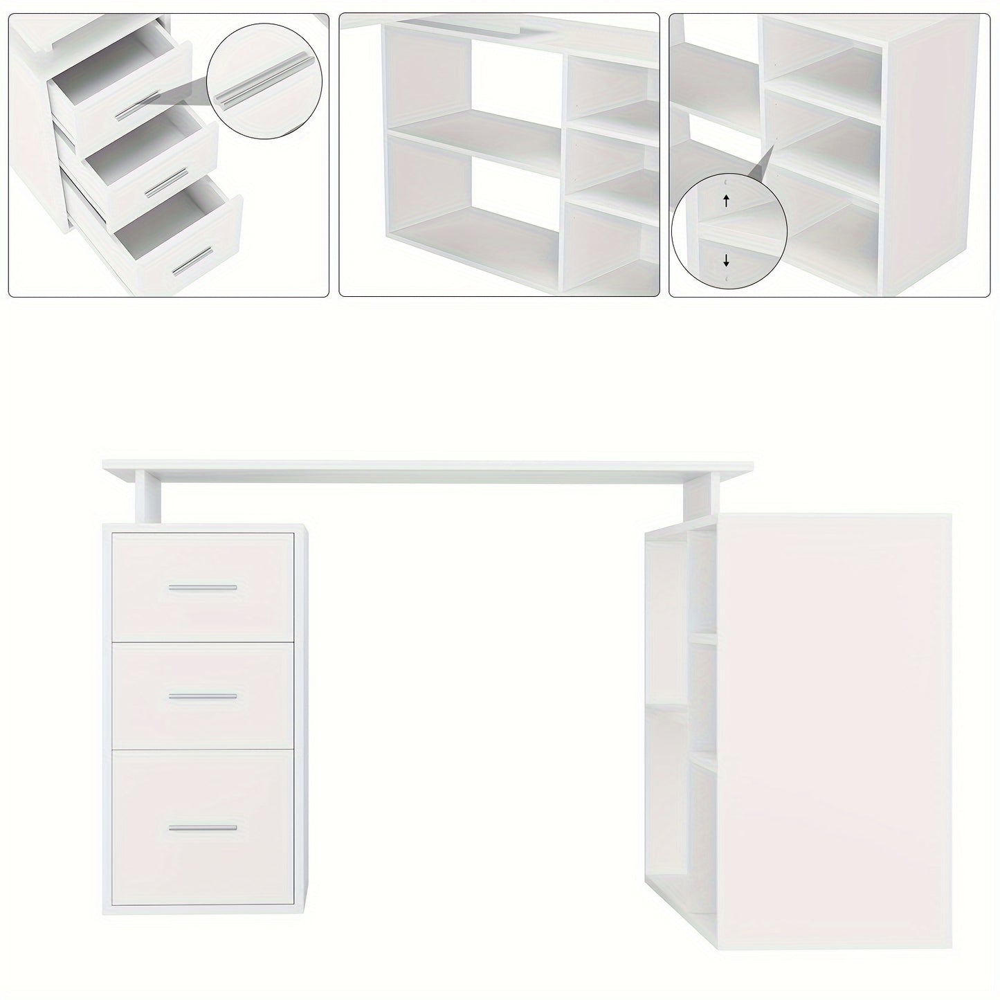 Hoekbureau – Bureau – Computertafel – L-Vormig Bureau – Schrijftafel – Wit Gelakt Hout – 3 Laden Opbergruimte – Compact Ruimtebesparend Design
