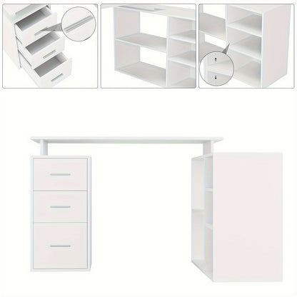 Hoekbureau – Bureau – Computertafel – L-Vormig Bureau – Schrijftafel – Wit Gelakt Hout – 3 Laden Opbergruimte – Compact Ruimtebesparend Design