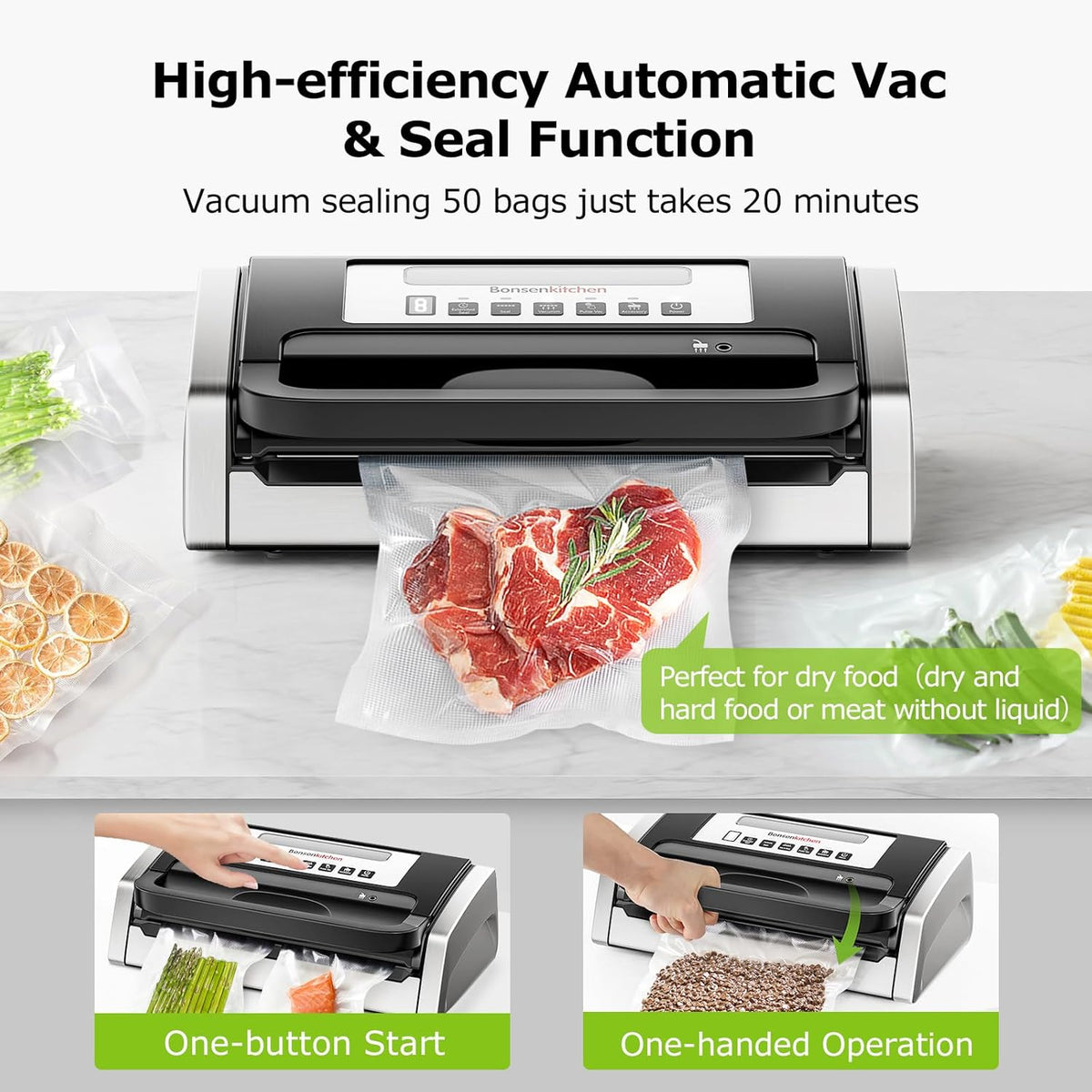Bonsenkitchen Vacuümmachine, 15 l/min hoge prestaties, testwinnaar zeer goed, duurzaamheidscertificering, design met handgreep vergrendeling en geïntegreerde snijder, incl. 2 rollen vacuümrollen