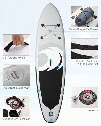BODIOO Opblaasbaar paddleboard, stand-up paddle-board, SUP met premium paddle-board-accessoires en antislip dek, ISUP-rugzak-paddle-lijnpomp voor visyoga, voor volwassenen en jongeren en kinderen, wit