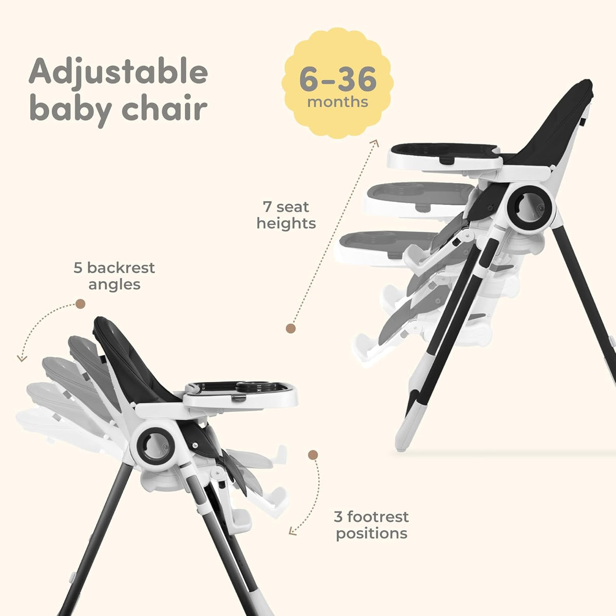 Adjustable, Collapsible, Baby High Chair with Toy Arch - Baby High Chairs with 7 Different Heights, Adjustable Seat with 5 Different Positions - QUORE