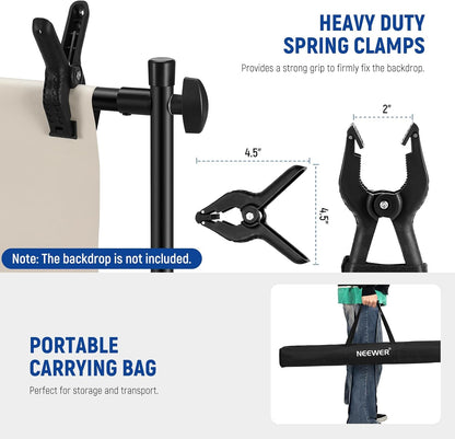 NEEWER NK-ST300 Achtergrondstandaard Heavy Duty met verbrede basis, 3 x 2,4 m achtergrondstandaard met 4 dwarsbalken, 2 telescopische stokken, 4 veerclips en draagtas voor fotoshoot studio party