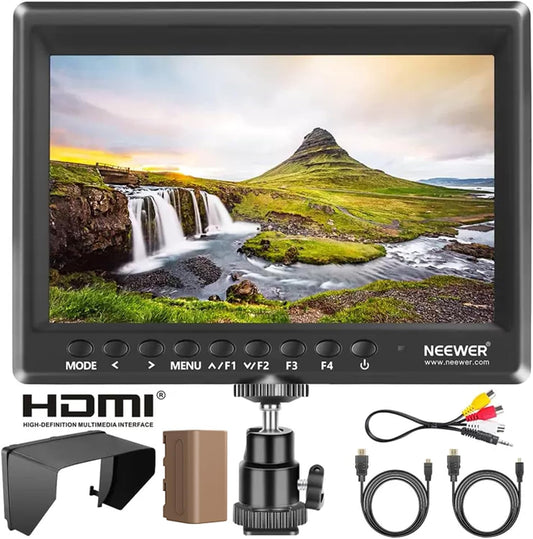 NEEWER F100 7 Inch Camera Field Monitor, 450nit HD Video Assist IPS 1280x800 HDMI 1080p met piekfocus/histogram/F750 batterij, 360° kogelkop voor DSLR's, Handheld Stabilisator, Film Video Making Rig