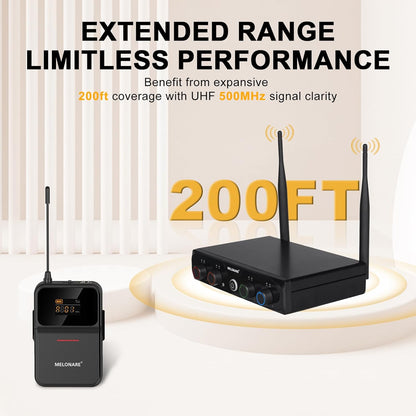 4-Kanaals UHF-Draadloos Microfoonsysteem – Draadloze Microfoonset, Headsetmicrofoon, Dasspeldmicrofoon, Bodypack-Zenders – 24-Bit/48 kHz Geluidskwaliteit – Stabiele UHF-Verbinding Tot 200 Meter