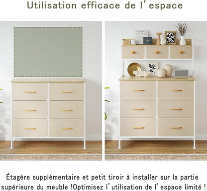 Commode, Opbergkast, Commode met Laden, Ladekast met Handvatten, Commode Kast met Houten Blad en 9 Lades, Kleerkast voor Slaapkamer, Beige