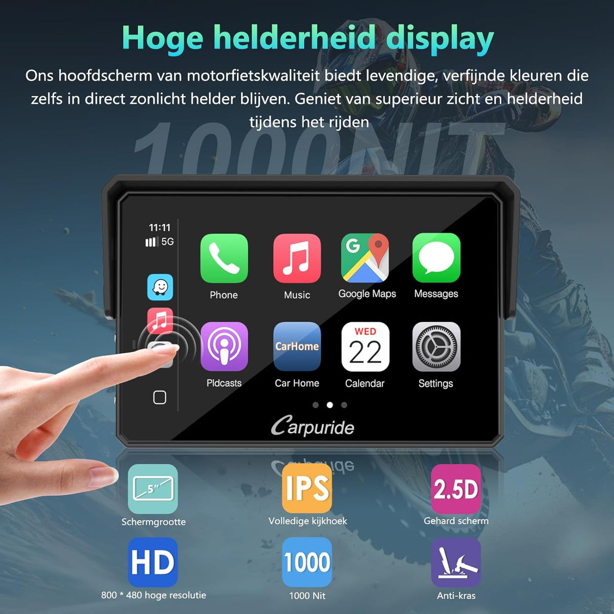 Carpuride W502BS für Motorrad CarPlay & Android Auto & Dual Bluetooth - 5 Zoll wasserdichter GPS-Navigation für Motorrad