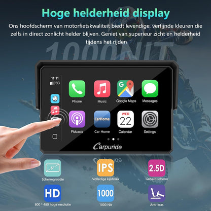 Carpuride W502BS für Motorrad CarPlay & Android Auto & Dual Bluetooth - 5 Zoll wasserdichter GPS-Navigation für Motorrad