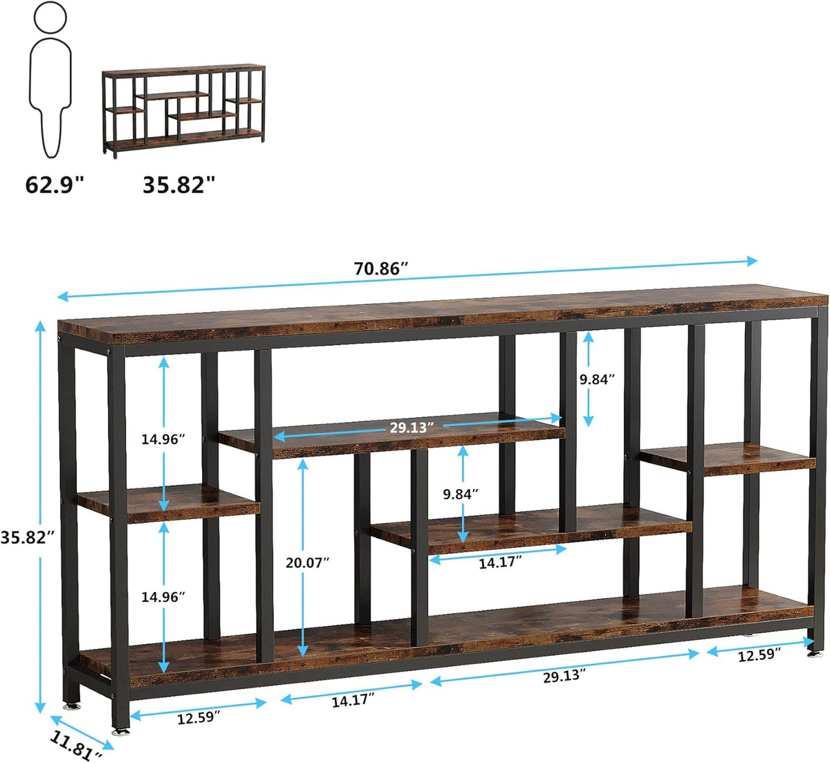 Tribesigns Console Sofa Table, 180cm Extra Long Table Behind Sofa with Storage Shelves, 3-Tier Industrial Narrow Entrance Hallway, Accent Table for Living Room, Rustic Brown