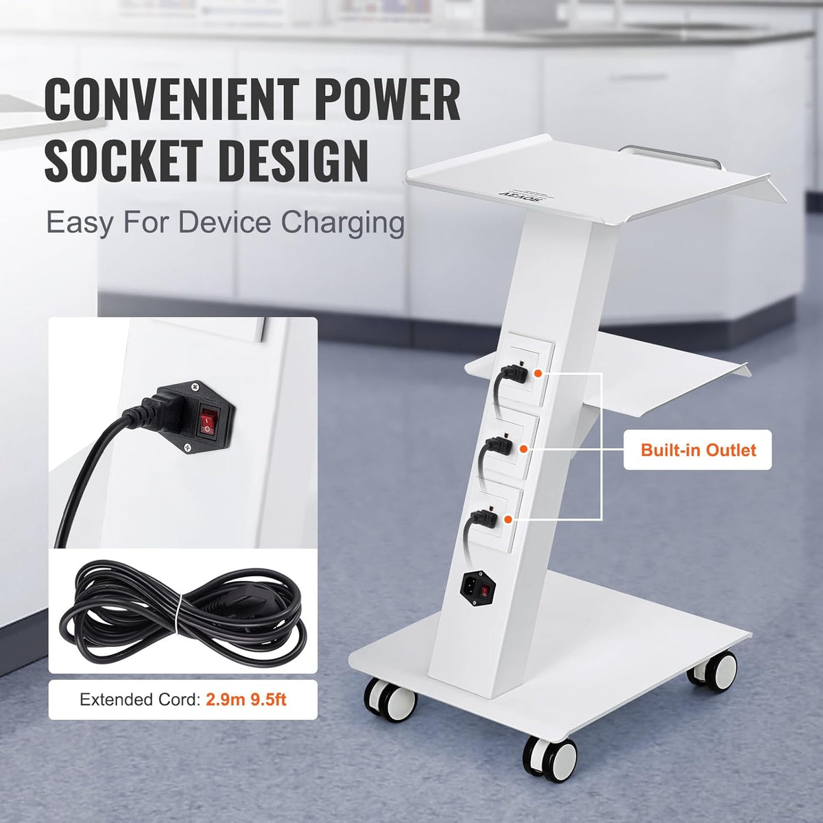 Werkwagen – Werktafel – Trolley – Servicewagen – Medische Trolley – 3-Laags Metaal – Geïntegreerd Stopcontact