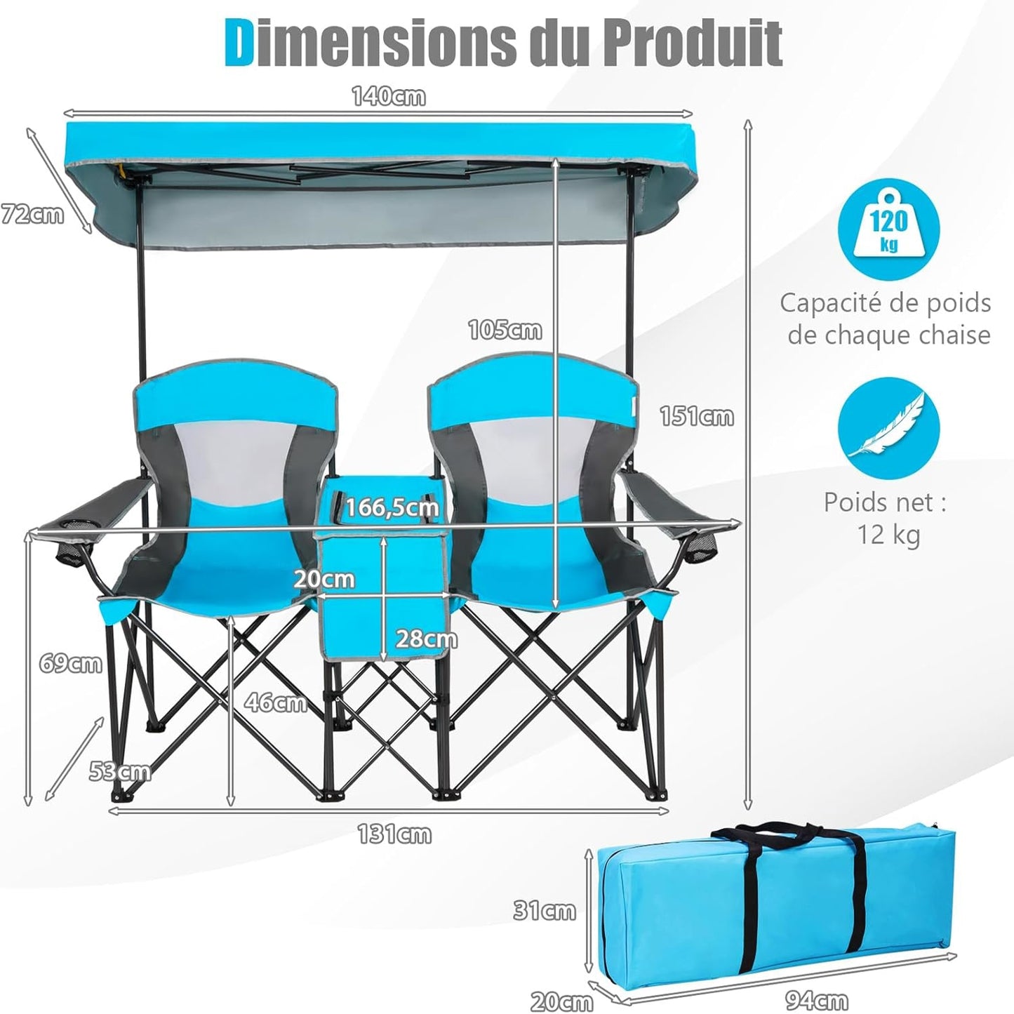 Campingstoel – Vouwstoel – Visstoel – Klapstoel – Strandstoel – Verstelbare Afneembare Zonneklep – Stevig Gepoedercoat Stalen Frame