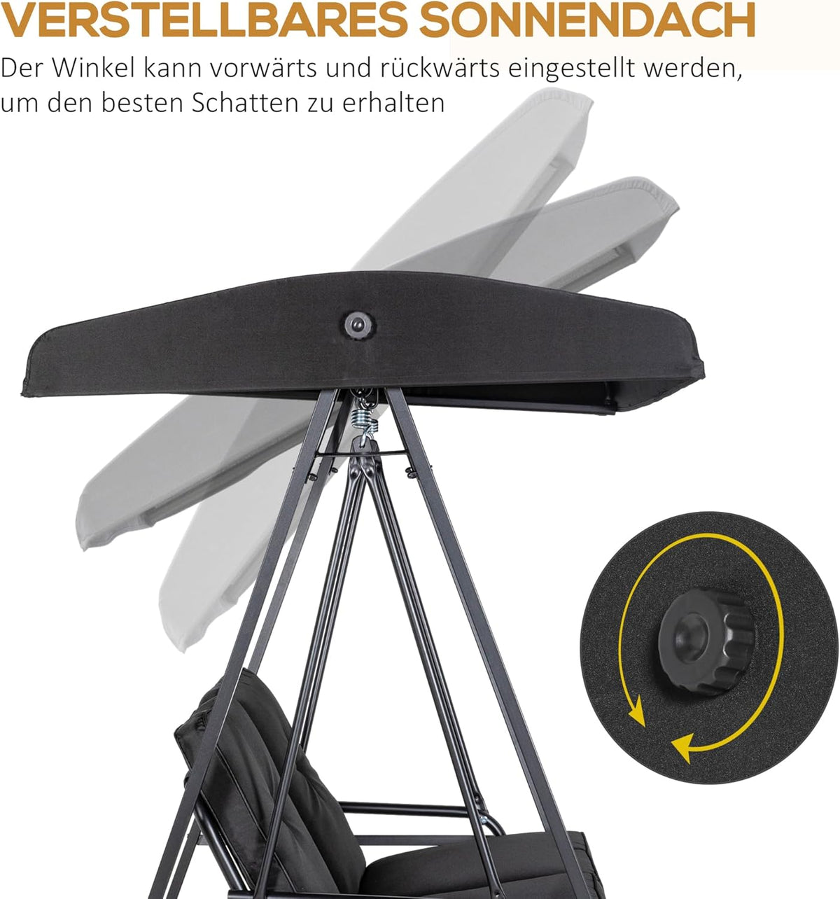 Outsunny Hollywoodschaukel 2-Sitzer Gartenschaukel mit Verstellbarem Dach, Kissen, Schaukelbank bis 220 kg Load Bar, für Garten, Balcony, Schwarz, 145 x 116 x 172 cm - QUORE