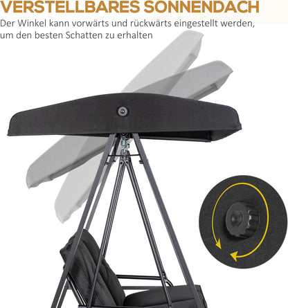 Outsunny Hollywoodschaukel 2-Sitzer Gartenschaukel mit Verstellbarem Dach, Kissen, Schaukelbank bis 220 kg Load Bar, für Garten, Balcony, Schwarz, 145 x 116 x 172 cm - QUORE