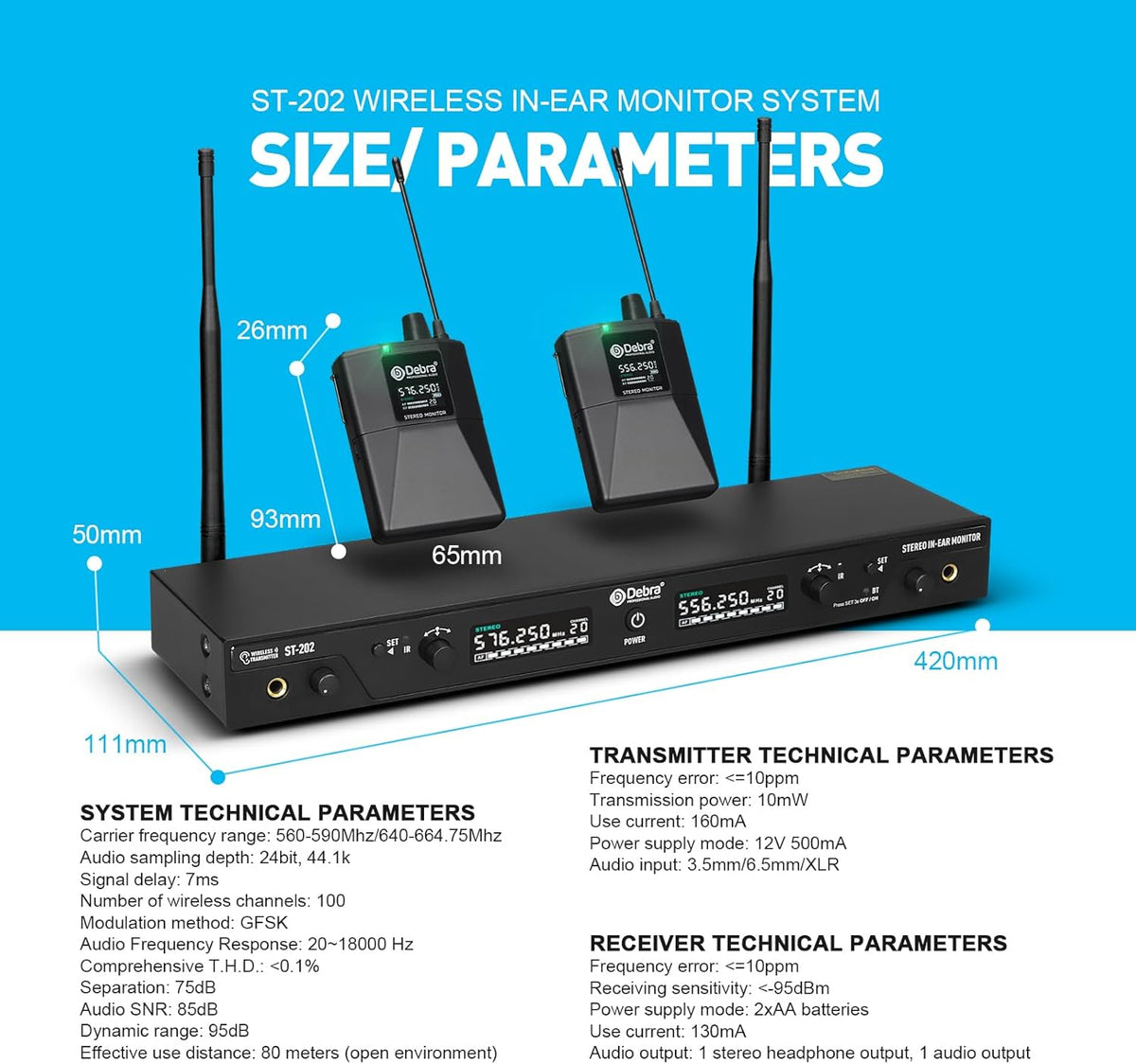 D Debra ST-202 UHF Draadloos In-ear Monitor Systeem met Stereo, Dubbel Kanaal voor Podium, Studio en Band (2 pocket-ontvangers)