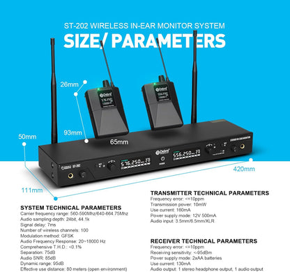 D Debra ST-202 UHF Draadloos In-ear Monitor Systeem met Stereo, Dubbel Kanaal voor Podium, Studio en Band (2 pocket-ontvangers)