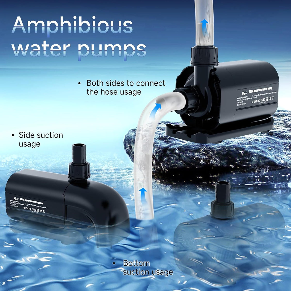 AQQA Waterpomp, dompelpomp, 10.000 l/u, ultrastille aquariumpomp voor aquarium, vijver, fontein, tuin, zwembad, 6,5 m hoge lift bronpomp met 6 sproeiers, kabel 3,87 m