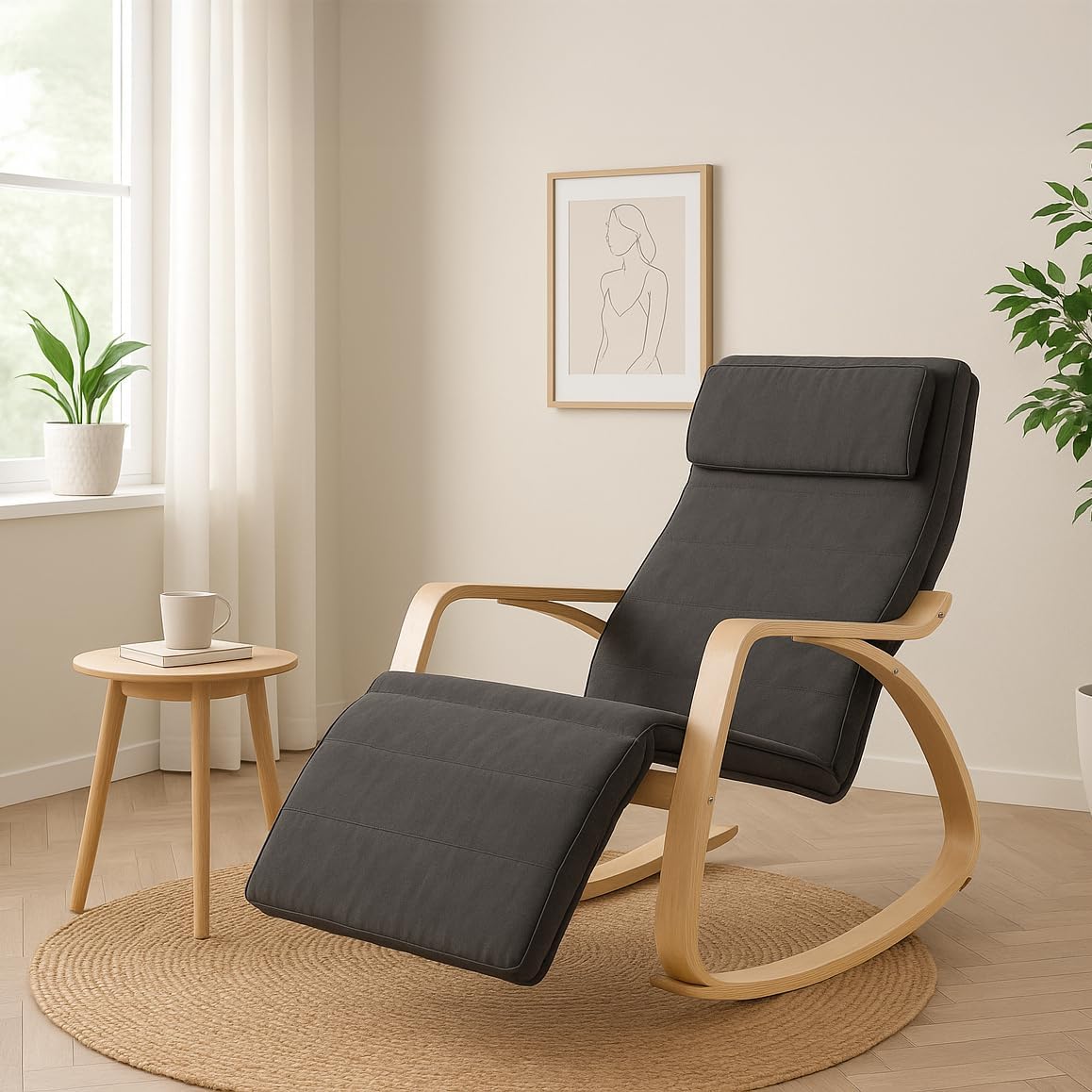 WeHome Swing Amor Schommelstoel met armleuningen van hout, Rocking Chair, schommelstoel met verstelbare voetensteun, woonkamerstoel, slaapkamerstoel (stof, donkergrijs)