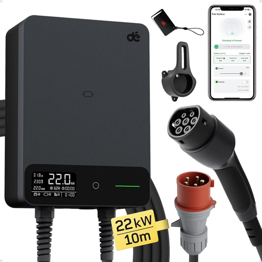 Wallbox 22 kW – EV Oplader – Laadstation Elektrische Auto – Type 2 Laadpunt – 3-Fase Lader – 10 Meter Kabel – Instelbare Laadstroom – Type B Aardlekschakelaar – IP54 Waterbestendig