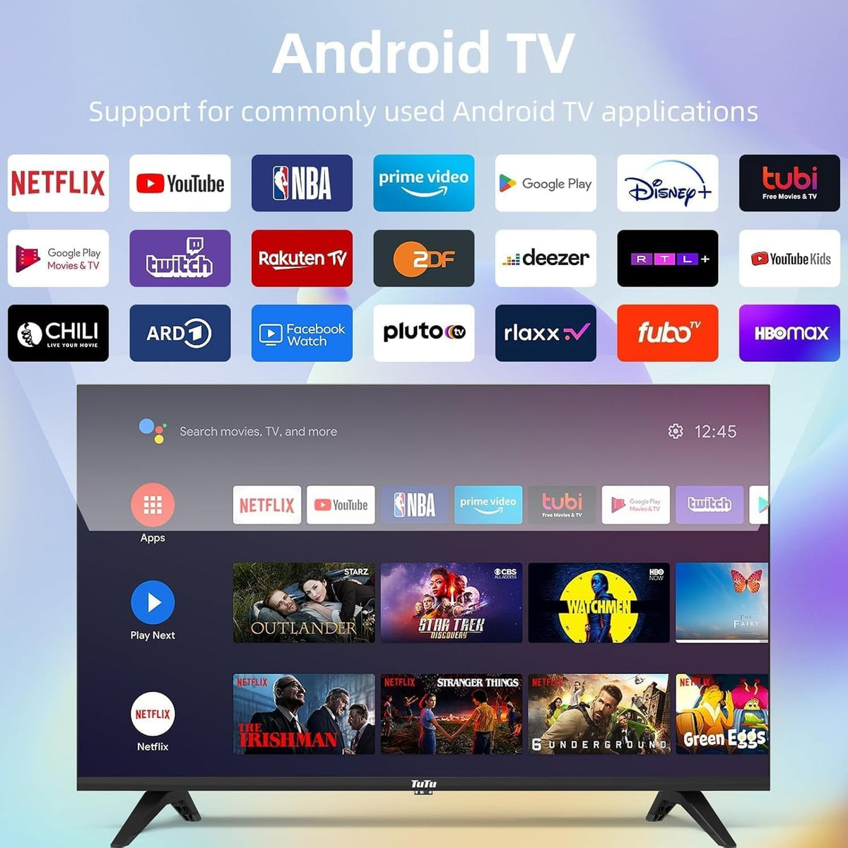 TuTu Smart TV 32 inch (80 cm) WiFi Bluetooth Android verbonden tv met Netflix, Prime Video, Disney+, Triple Tuner, Chromecast Built-in, TUS32HN1AC, 2024