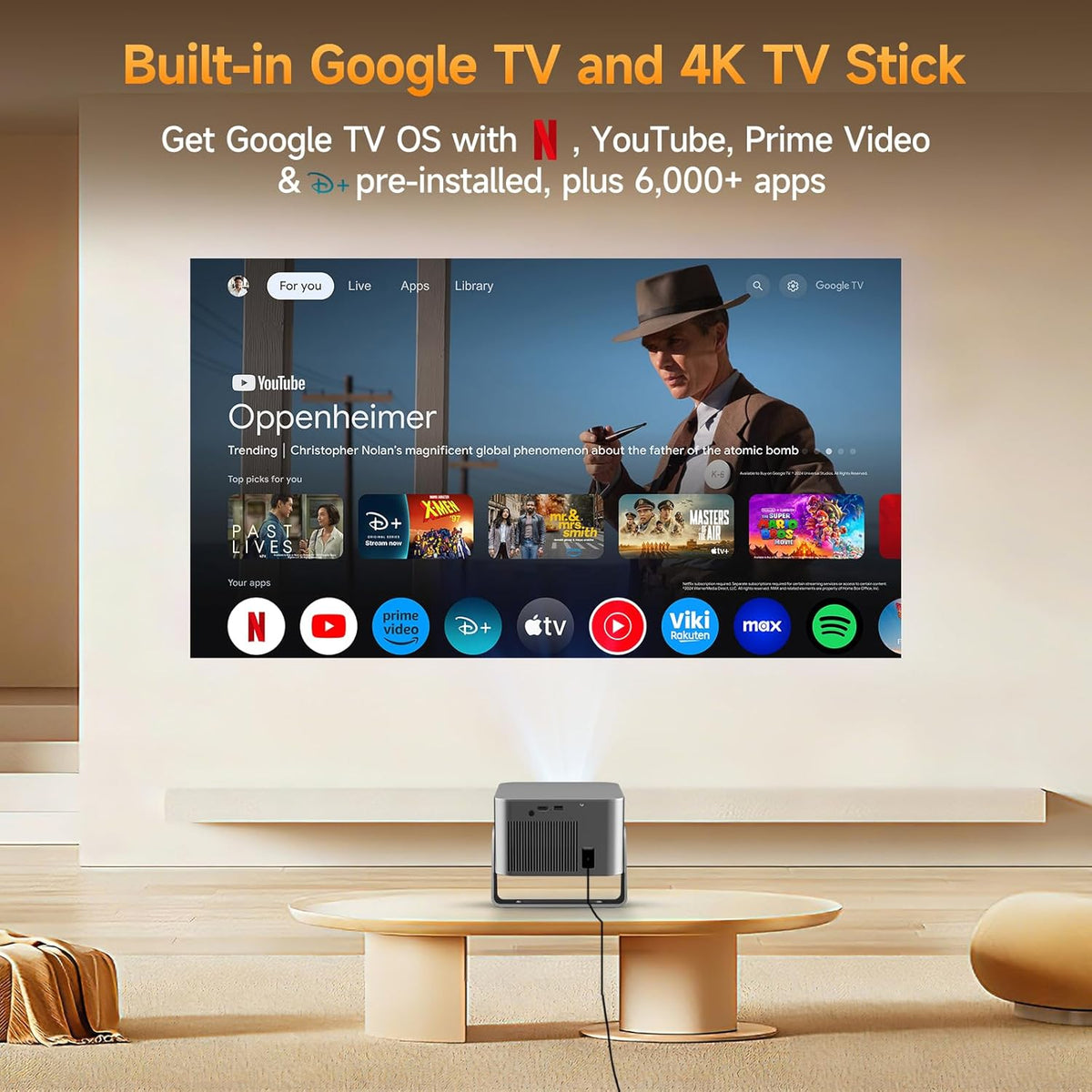 Alwtniet Beamer 4k met Google TV, native Full HD 1080p mini-projector, thuisbioscoop, bluetooth, wifi, kleine smart korte afstand, projector, autofocus/6d trapeziumcorrectie voor outdoor, mobiele
