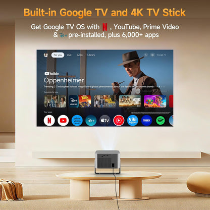 Alwtniet Beamer 4k met Google TV, native Full HD 1080p mini-projector, thuisbioscoop, bluetooth, wifi, kleine smart korte afstand, projector, autofocus/6d trapeziumcorrectie voor outdoor, mobiele