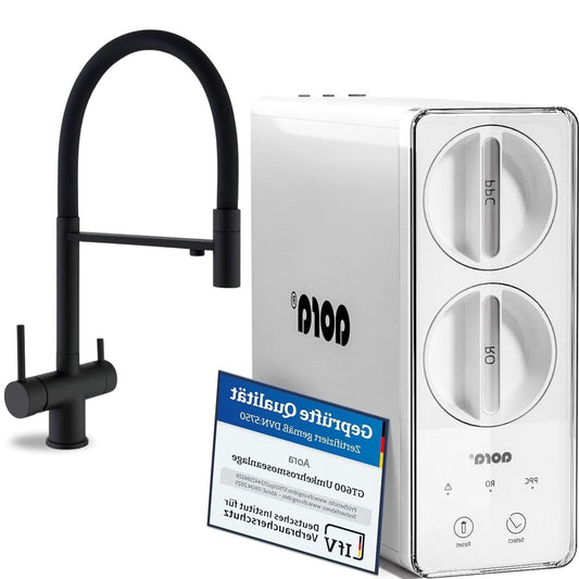 aora GT600 Reverse Osmosis Installation + 3-Way Fixture Without Drilling Osmosis Water Filter + 8-Stage Filtration and Filter Change in 3 Sec. Tankless RO System - Alpina Black - QUORE