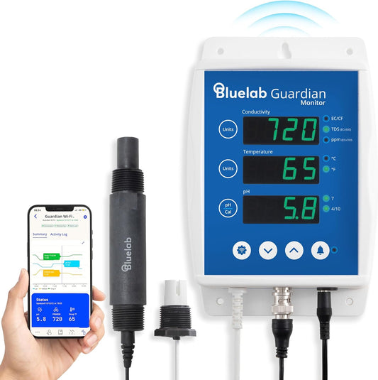 bluelab Guardian Monitor inline wifi voor real-time metingen van pH, temperatuur en geleiding (TDS/PPM) in water met kalibratie, 3-1 digitale voedingsstofmeter voor inline doseersystemen